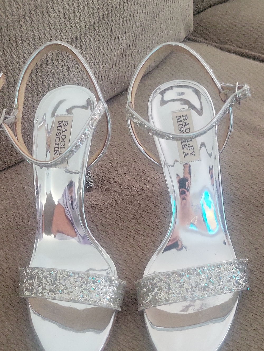 Badgley Mischka Silver Sparkle Ankle-Strap Heels